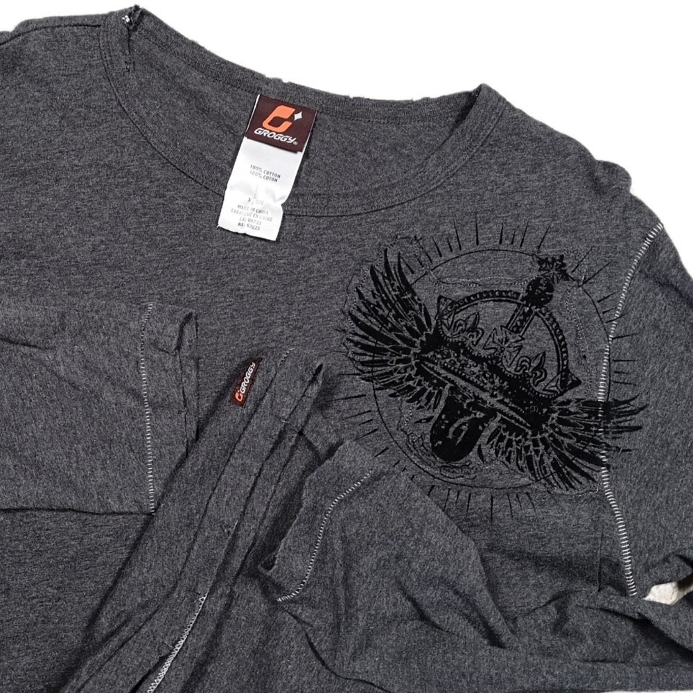 Groggy Grey Distressed Long‎ Sleeve Top Y2k Grunge Goth Rocker Vamp